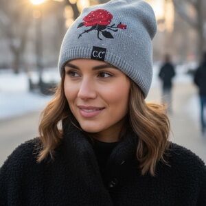 C.C Gray Knit Beanie with Red Floral Design